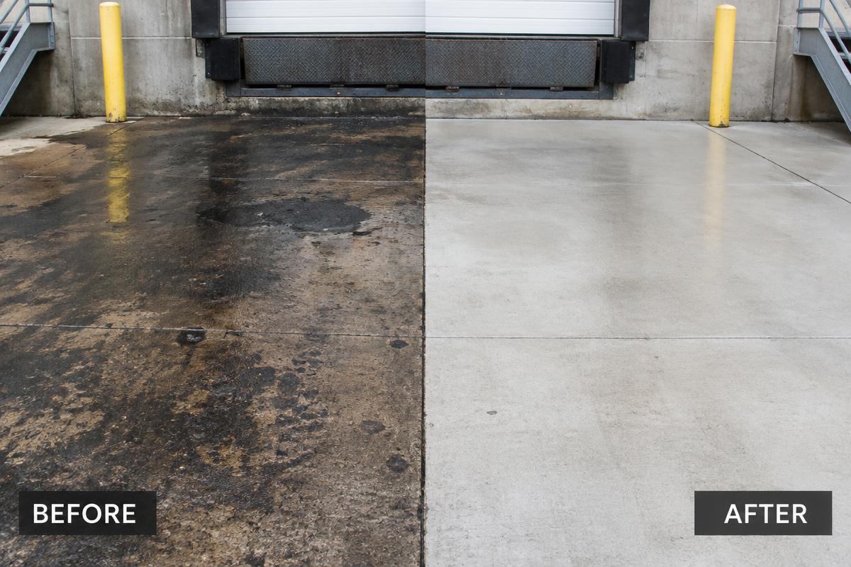 Loading dock before and after hot water pressure cleaning